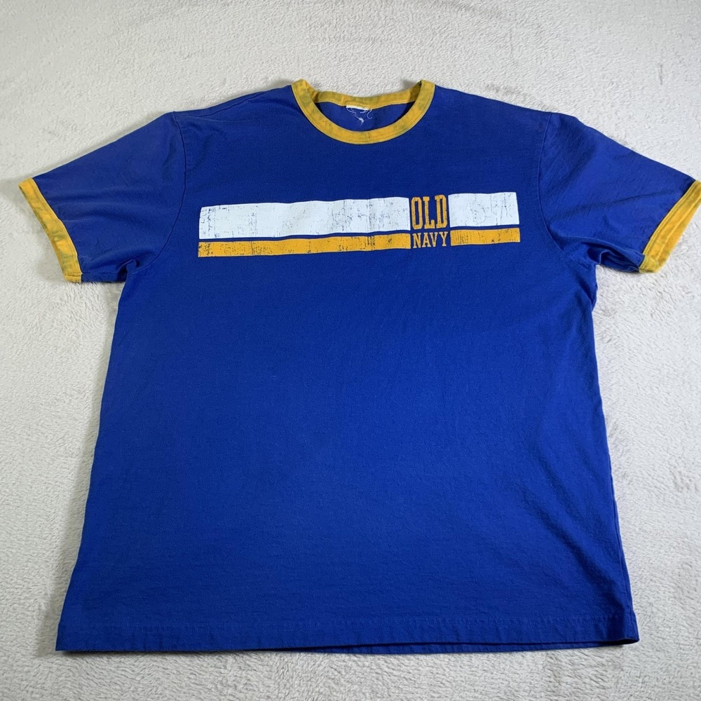 VTG Old Navy Shirt Mens XL Blue Yellow Ringer Graphic Tee Short Sleeve Casual